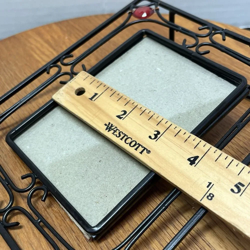 Vintage Black Scrollwork Metal Frame w/Translucent Red Gem Cabochons 3.5 x 5